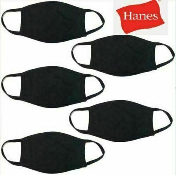 5 Pack Hanes Face Masks - Black Cotton Reusable Cover Face mask Cloth Facemask - Picture 1 of 6